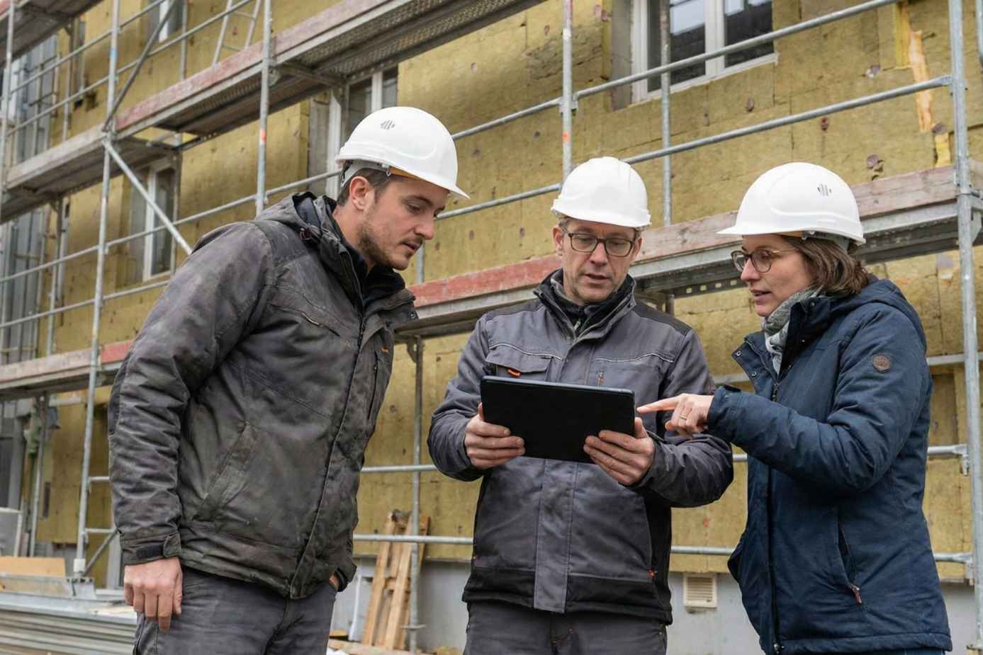 Trois professionnels en casque de chantier examinant une tablette devant un échafaudage d'isolation thermique