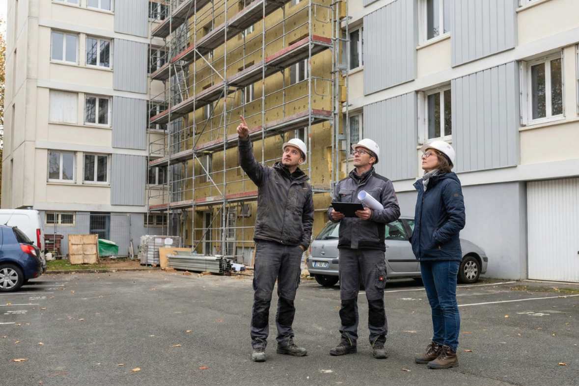 Professionnels en casque de chantier devant un immeuble en cours de rénovation avec échafaudages