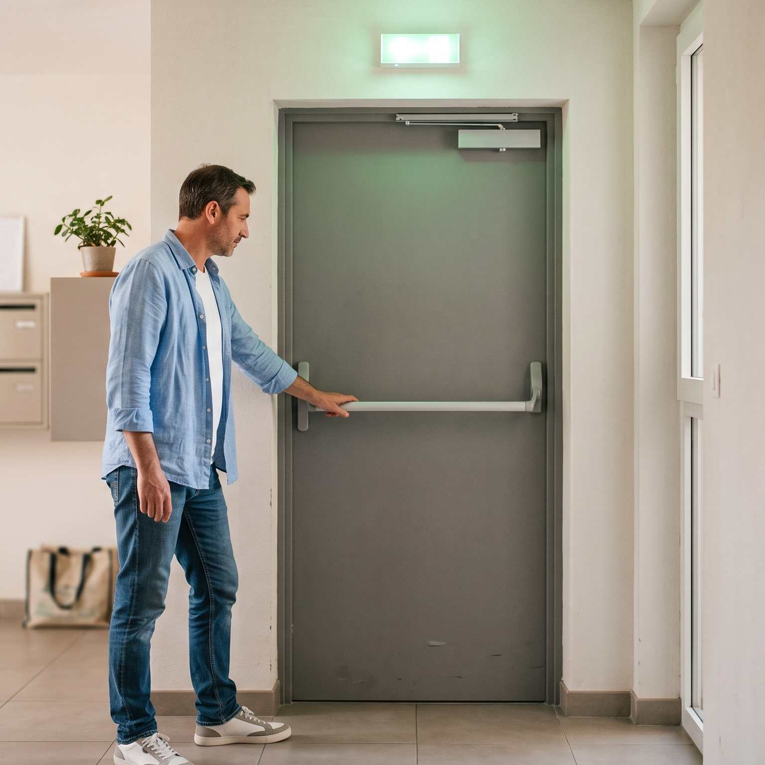 Homme ouvrant une porte coupe-feu grise dans le hall d'un immeuble collectif
