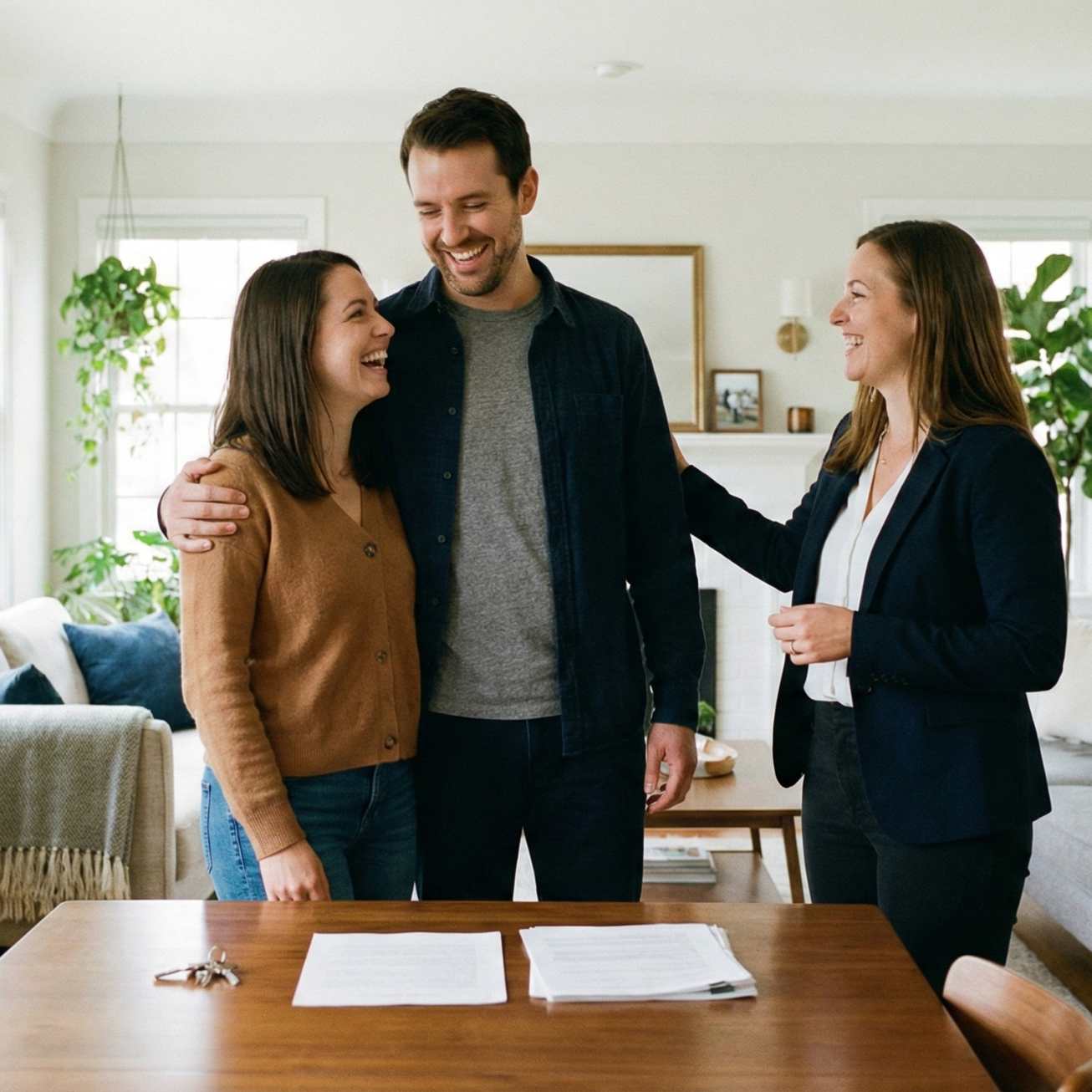 Couple heureux avec agent immobilier