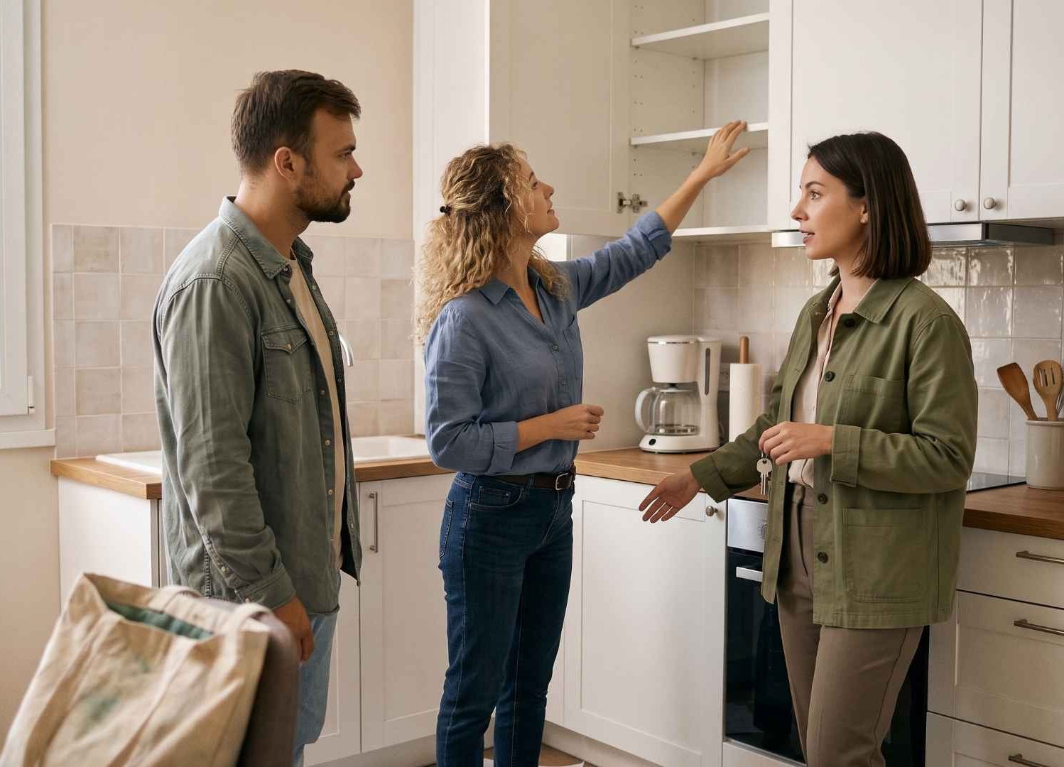 Une agent immobilier montre des placards de cuisine à un couple dans un appartement.