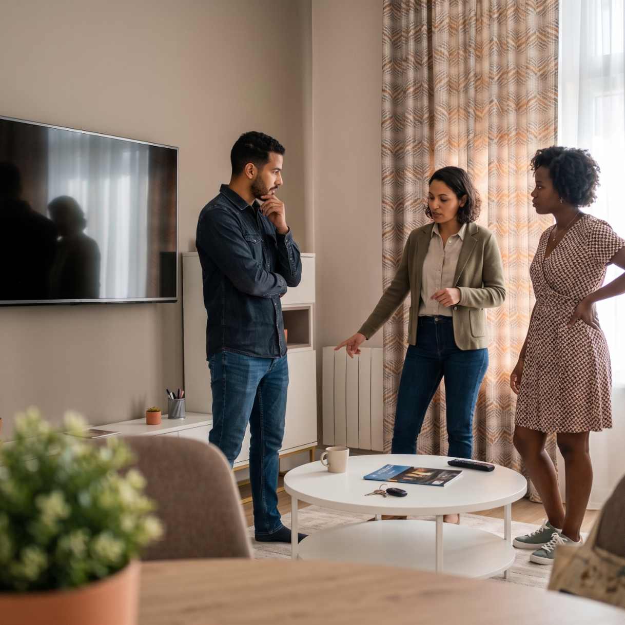 3 personnes dans un salon qui analysent la situation