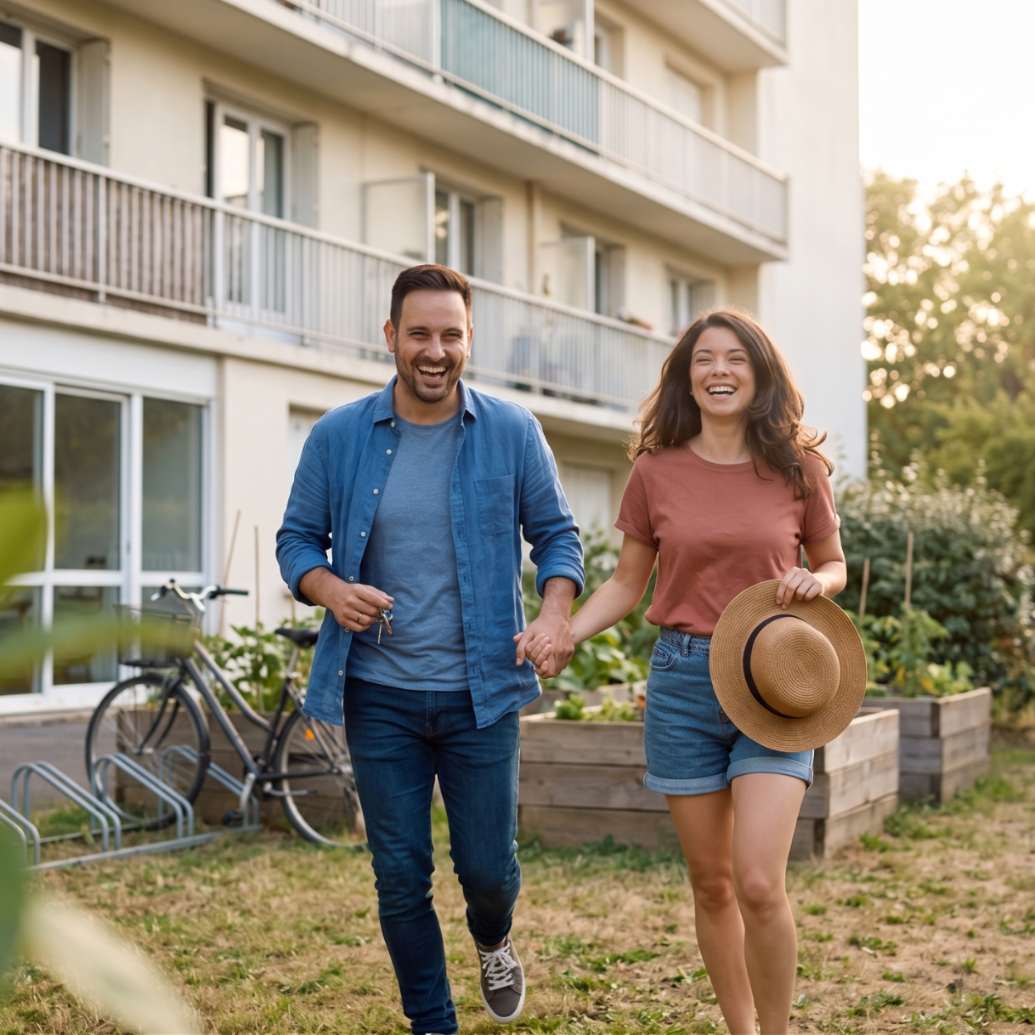Couple souriant marchant dans le jardin partagé d'une résidence moderne avec balcons
