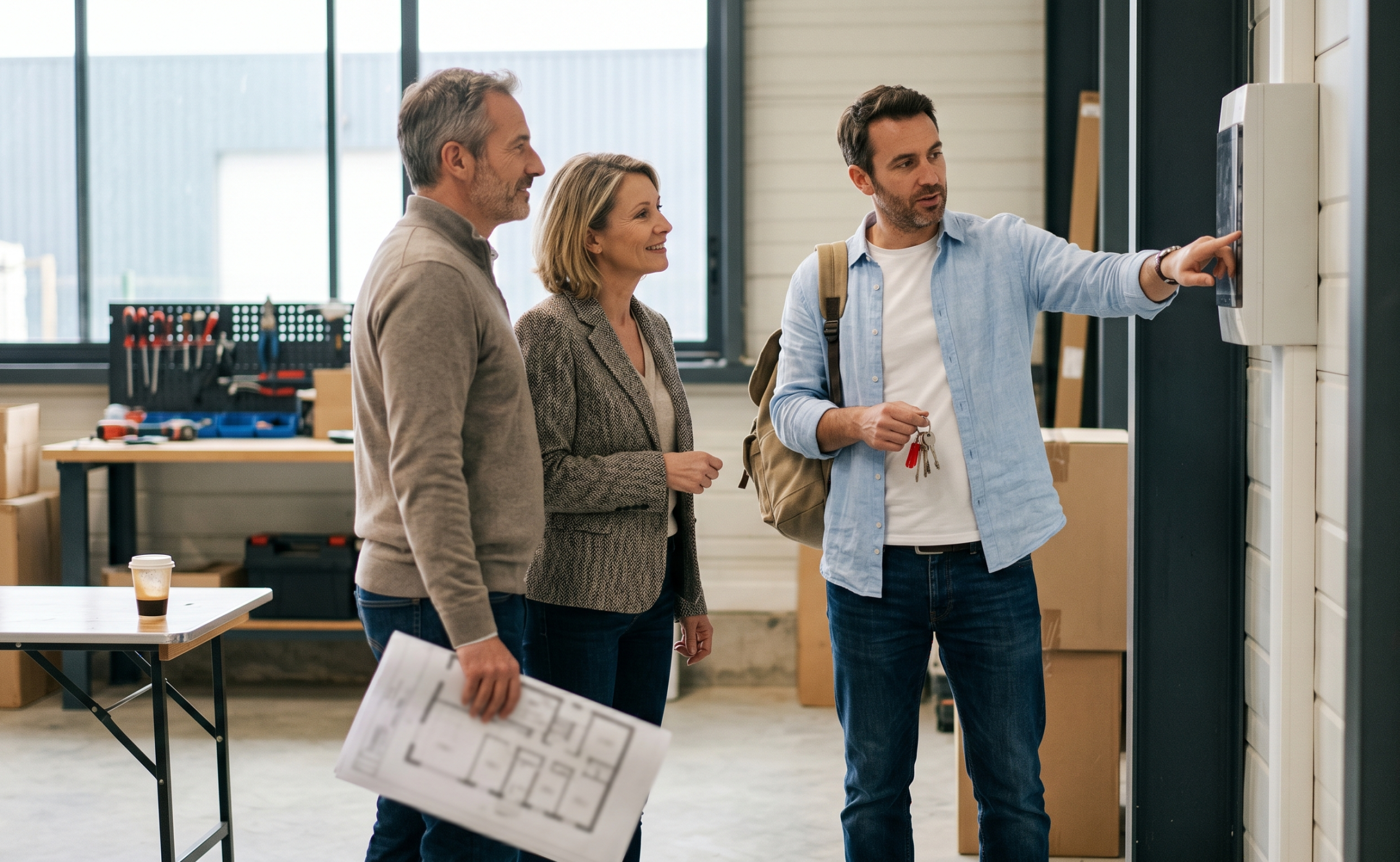 immobilier d'entreprise : entrepôt avec 3 personnes qui font un état des lieux d'entrée