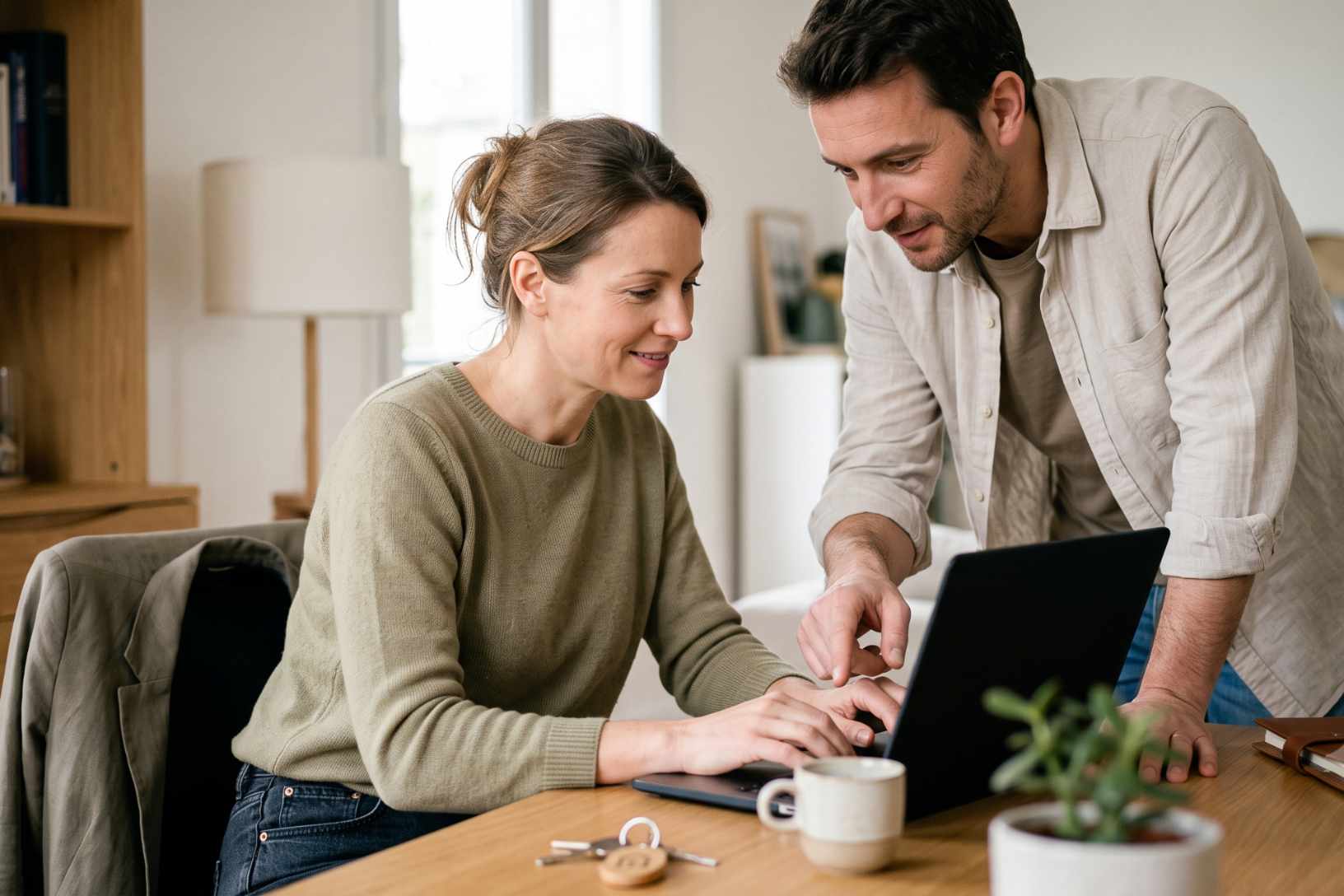 Couple consultant un ordinateur portable sur une table dans un intérieur moderne