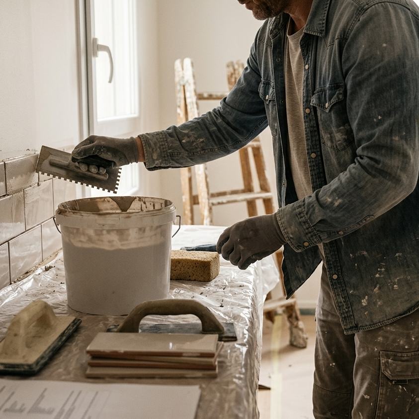 Artisan carreleur appliquant de la colle sur un mur à l'aide d'une taloche crantée.