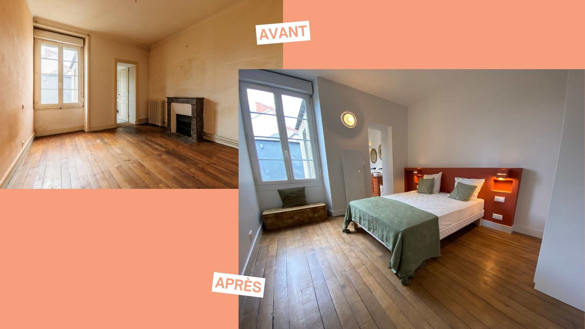 comparatif avant apres renovation chambre avec parquet et cheminee transaction nantes reno 16x9