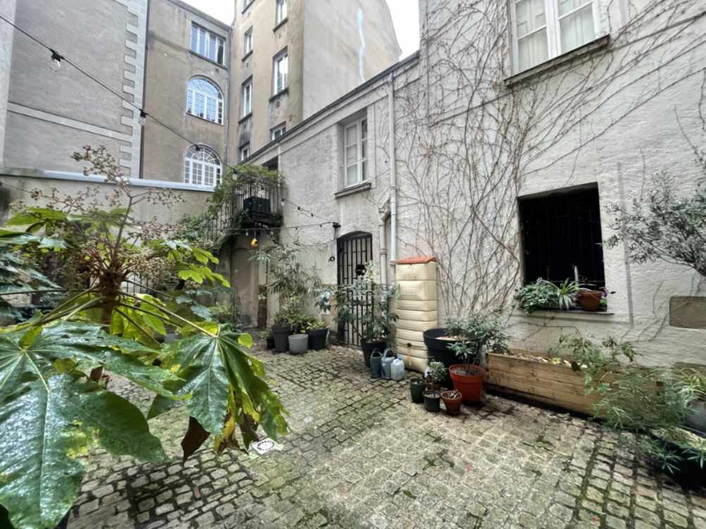 Cour intérieure privée avec sol pavé, végétation en pots et façades en pierre ancienne dans un immeuble