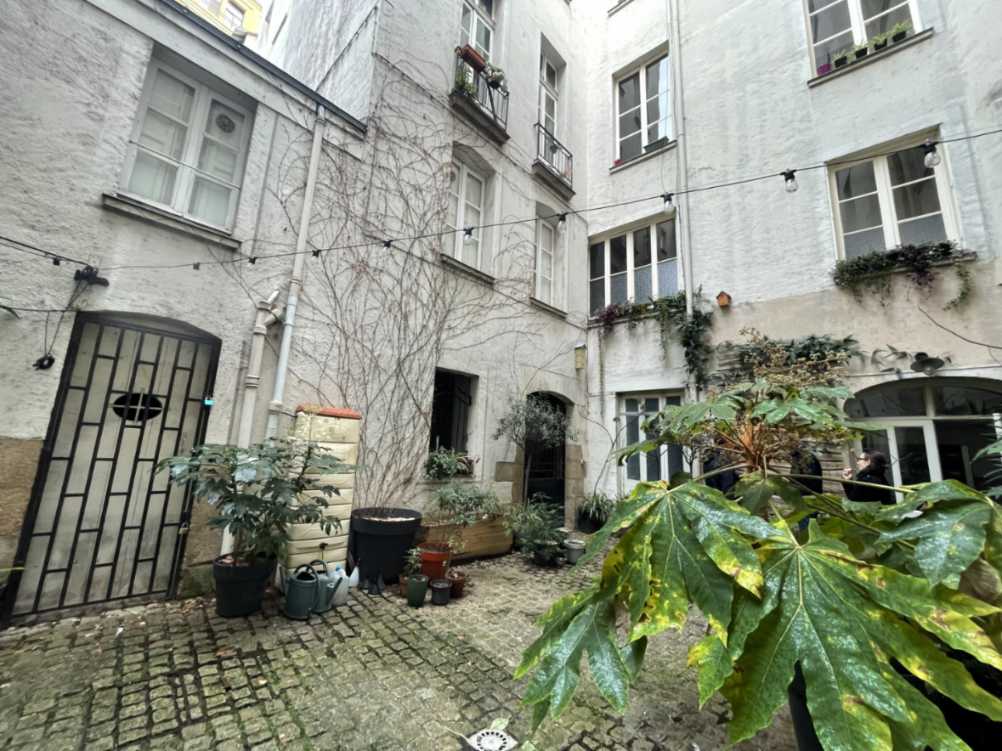 Cour intérieure pavée d'un immeuble ancien avec façades claires, plantes en pots et guirlande lumineuse