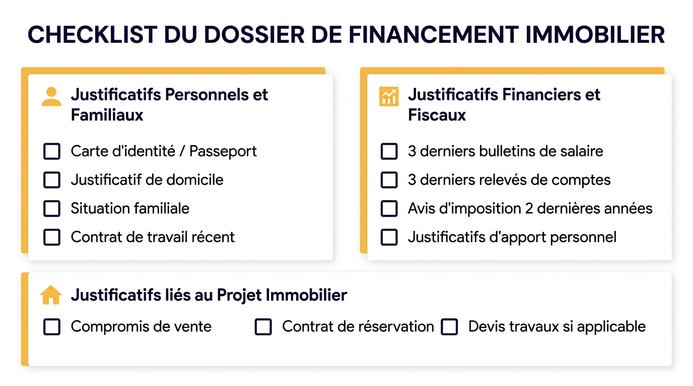 📁 CHECKLIST DU DOSSIER DE FINANCEMENT IMMOBILIER │ ├── 👤 JUSTIFICATIFS PERSONNELS ET FAMILIAUX │ ├── Carte nationale d'identité ou passeport en cours de validité │ ├── Justificatif de domicile récent (moins de 3 mois) │ ├── Justificatifs de situation familiale (livret de famille, contrat de mariage) │ └── Contrat de travail récent │ ├── 💶 JUSTIFICATIFS FINANCIERS ET FISCAUX │ ├── 3 derniers bulletins de salaire │ ├── 3 à 6 derniers relevés de l'ensemble de vos comptes bancaires │ ├── Avis d'imposition des 2 années précédentes │ └── Justificatifs d'apport personnel traçables sur plusieurs mois │ └── 🏡 JUSTIFICATIFS LIÉS AU PROJET IMMOBILIER ├── Compromis ou promesse de vente signé (avec clause suspensive) ├── Contrat de réservation en VEFA ou permis de construire (achat neuf) └── Audit énergétique et devis de travaux certifiés (si DPE F ou G)