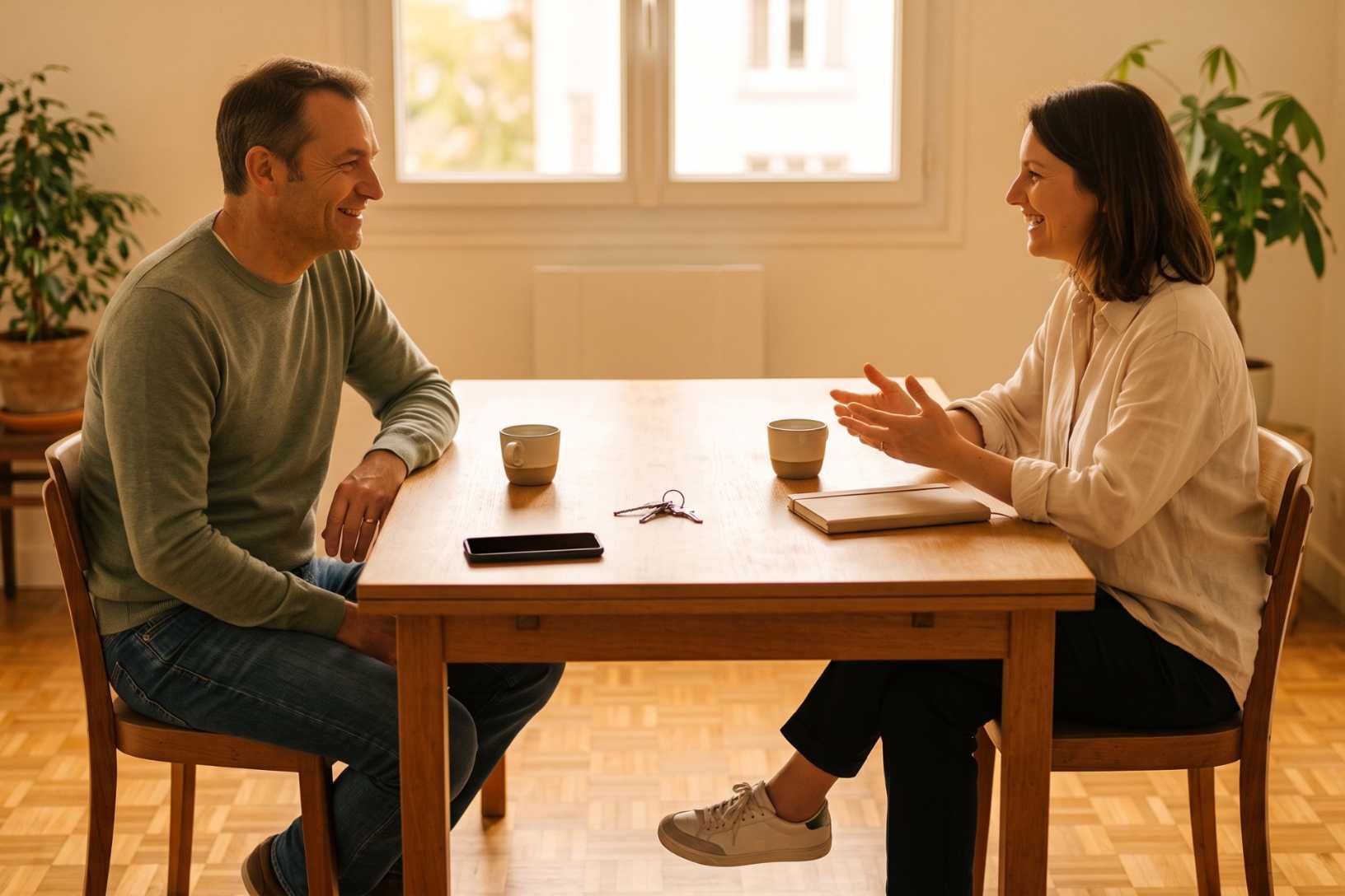 Un conseiller immobilier et un client discutent autour d'une table en bois dans un intérieur lumineux