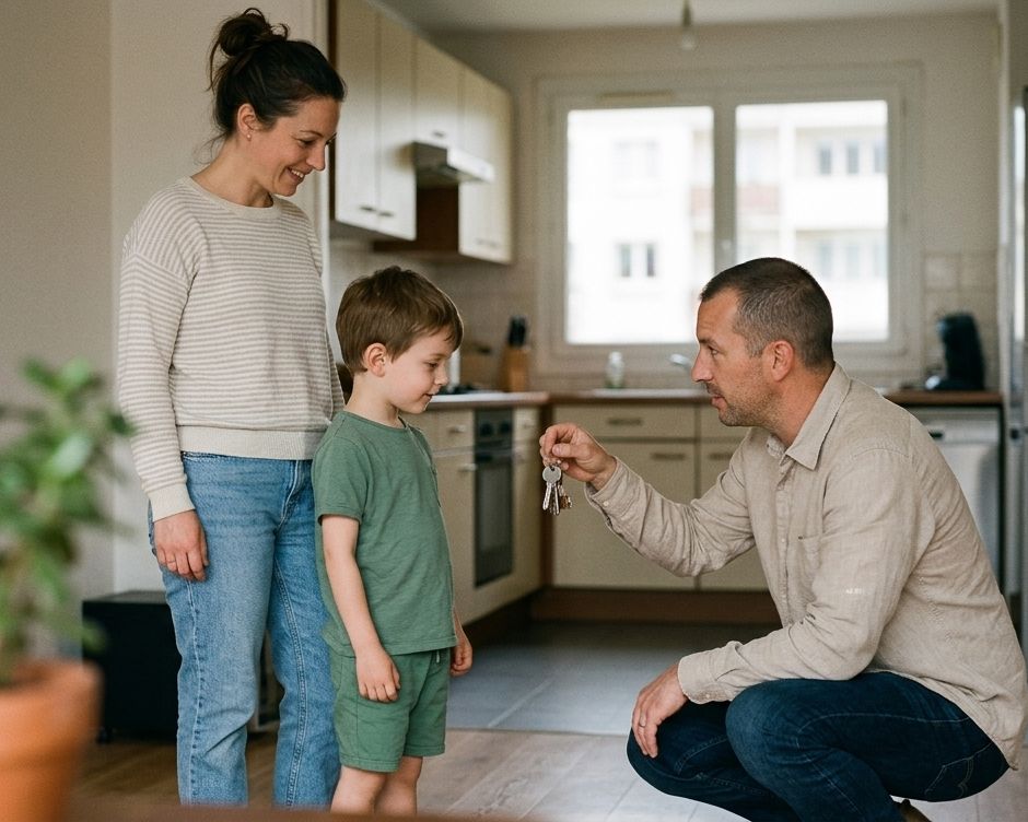 famille recevant les cles d un appartement avec cuisine ouverte transaction nantes social 5x4