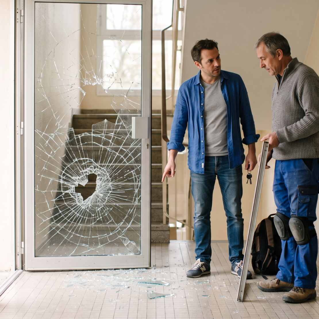 Propriétaire et réparateur examinant une porte d'entrée vitrée brisée dans le hall d'un immeuble collectif