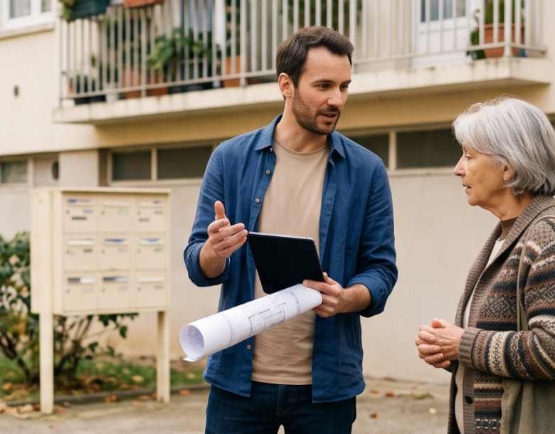Agent immobilier échangeant avec des clients devant une résidence collective avec des plans en main