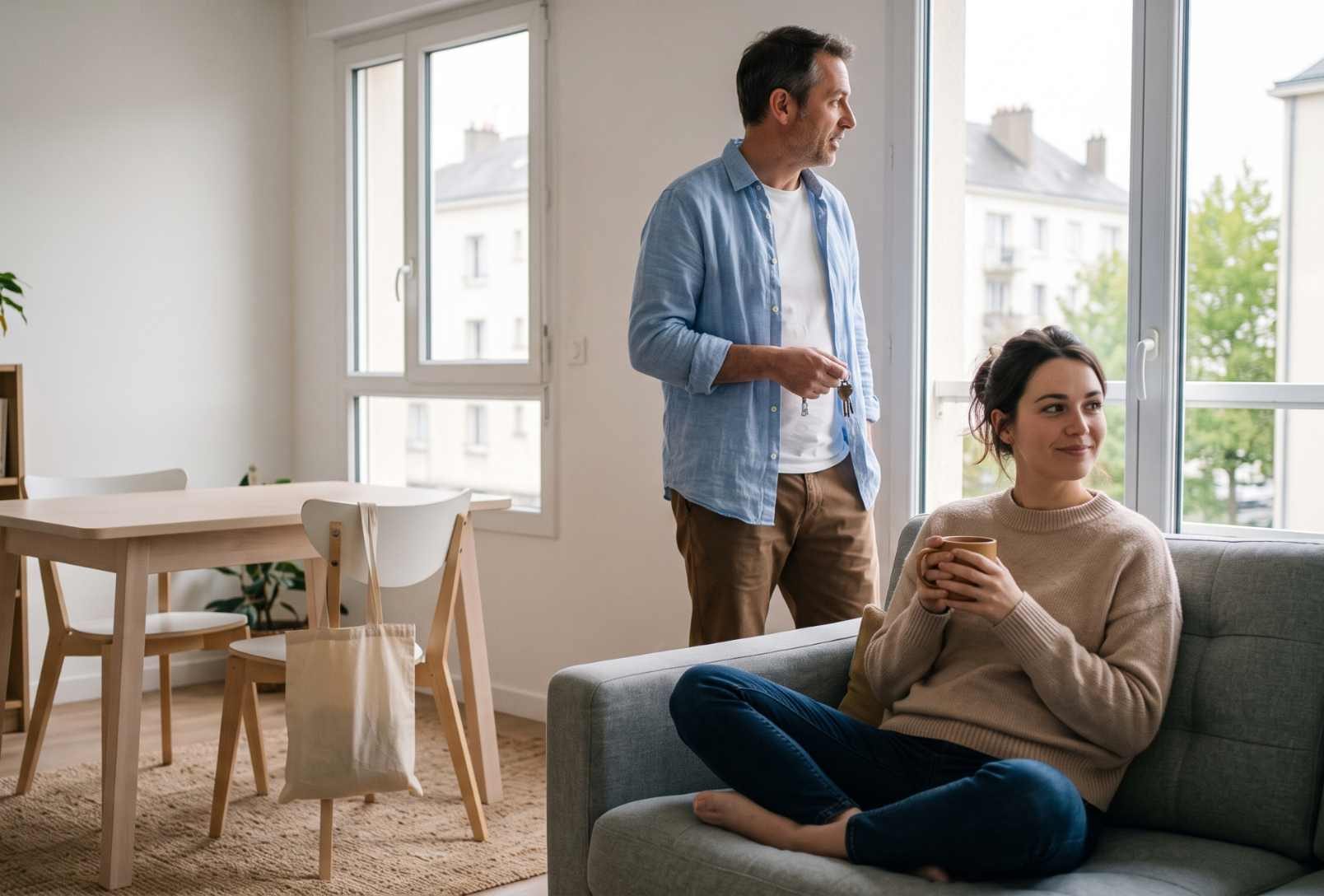 Couple détendu dans un séjour lumineux avec vue sur un quartier résidentiel