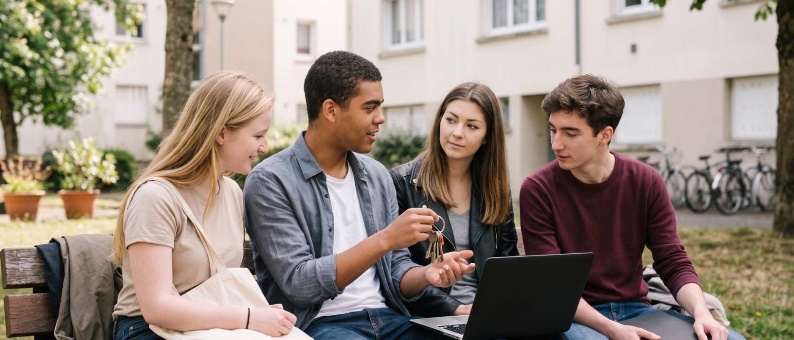 groupe de jeunes locataires discutant devant une residence location nantes social locatair 21x9