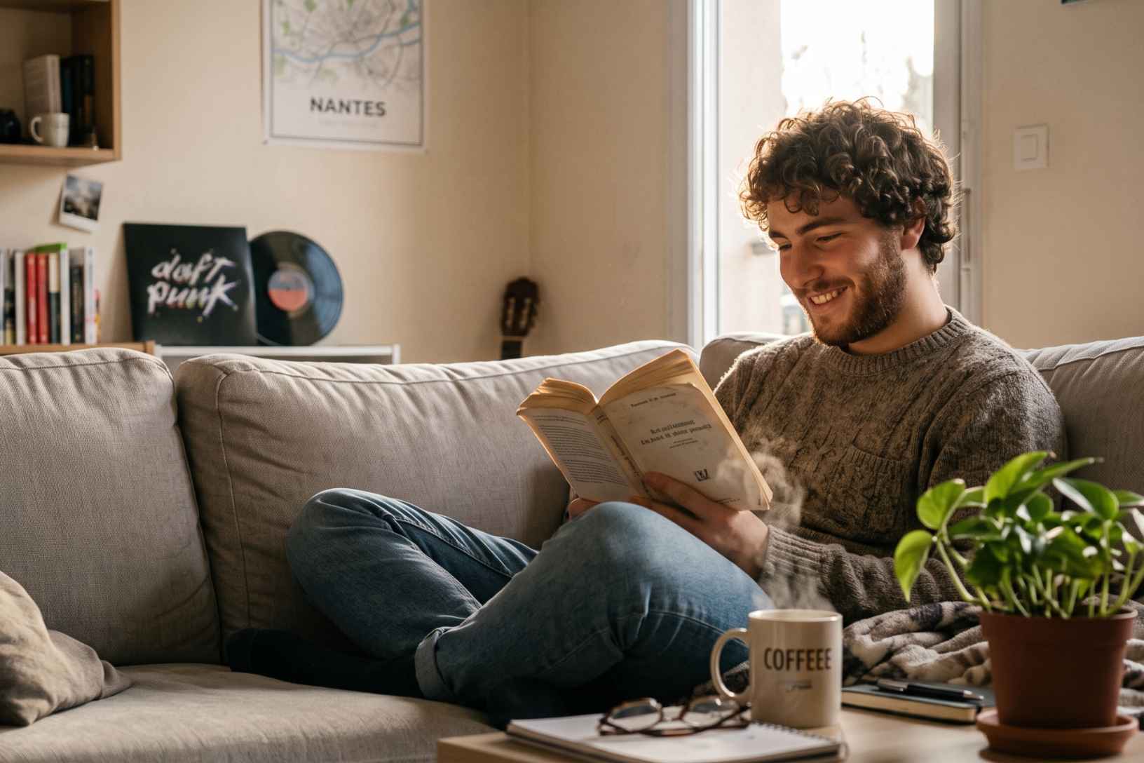 Homme jeune assis sur un canapé gris dans un salon confortable lisant un livre avec une tasse de café fumante