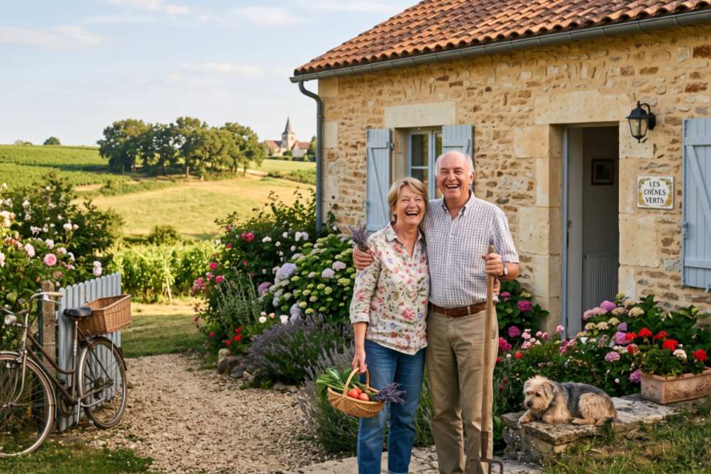 Couple senior souriant devant une maison en pierre traditionnelle avec jardin fleuri et vignobles en arrière-plan