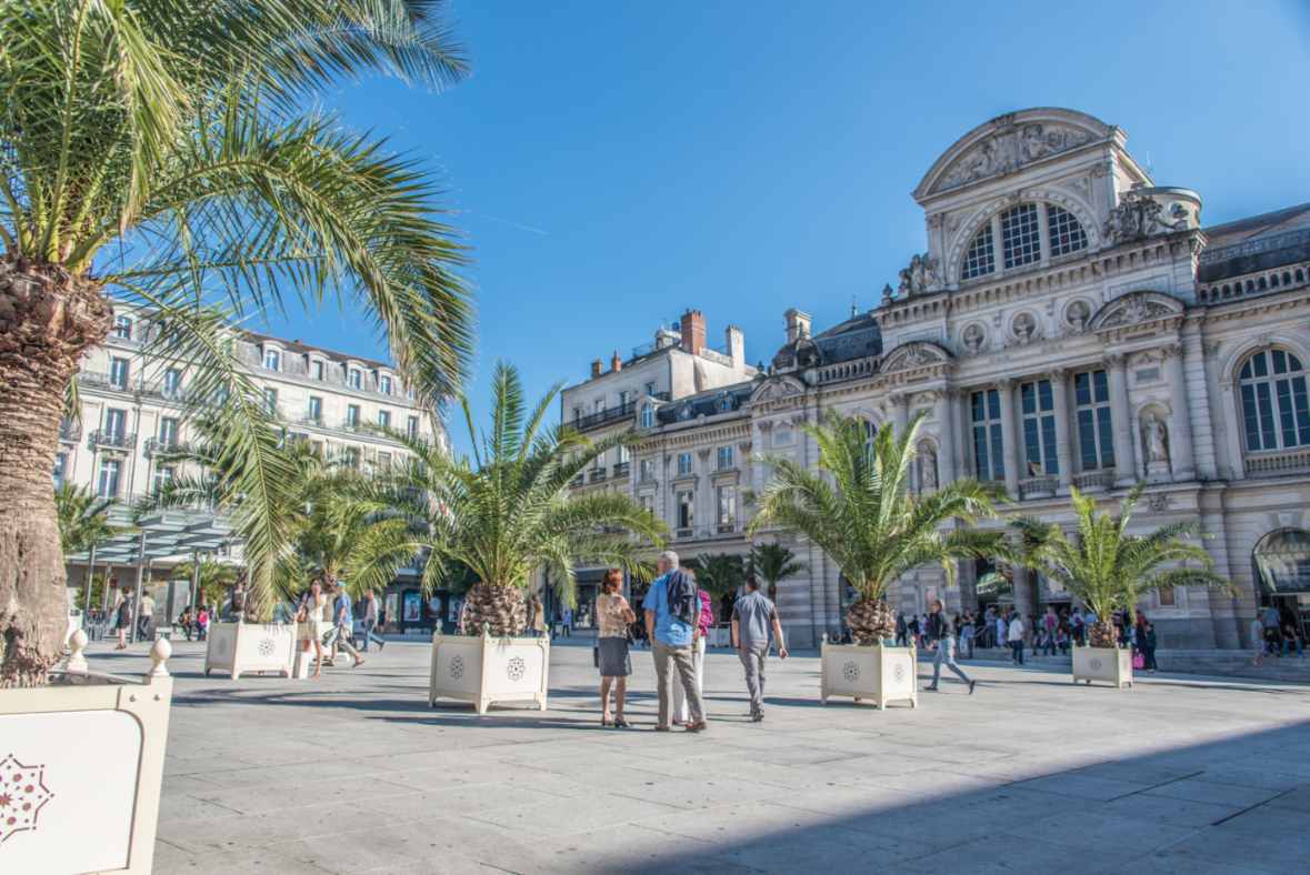 Place Royale à Nantes avec ses palmiers, ses immeubles en pierre de taille et l'architecture classique du centre-ville
