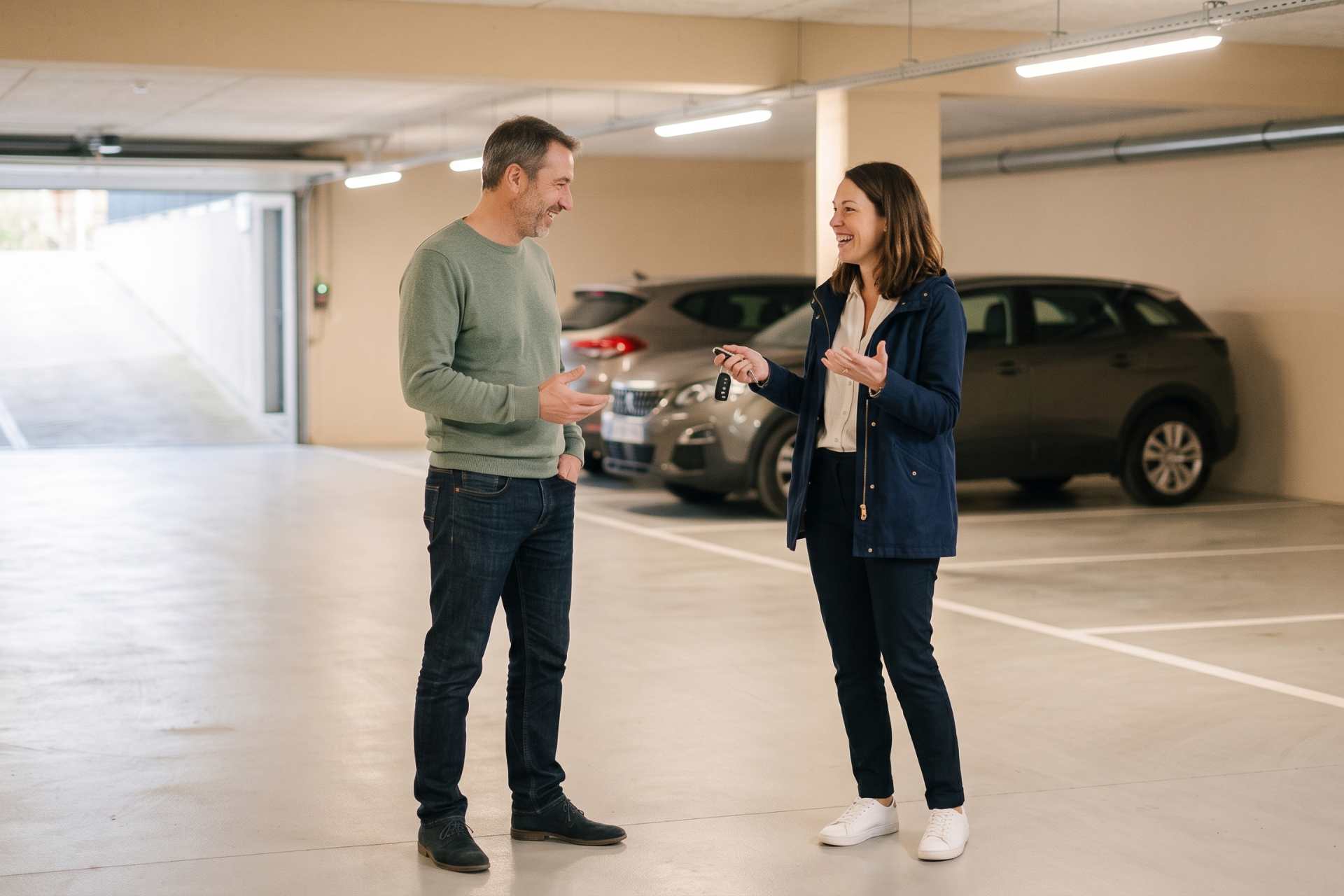 Agent immobilier remettant les clés d'une place de stationnement à un client dans un parking sous-sol sécurisé