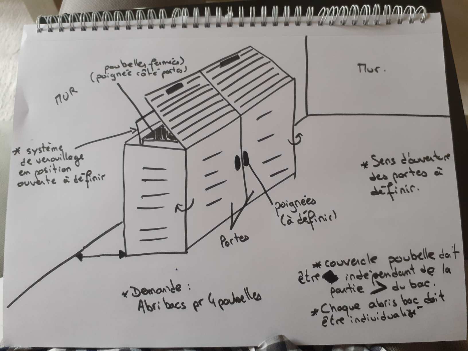 Croquis d'un projet d'abri bacs extérieur pour quatre poubelles avec annotations techniques