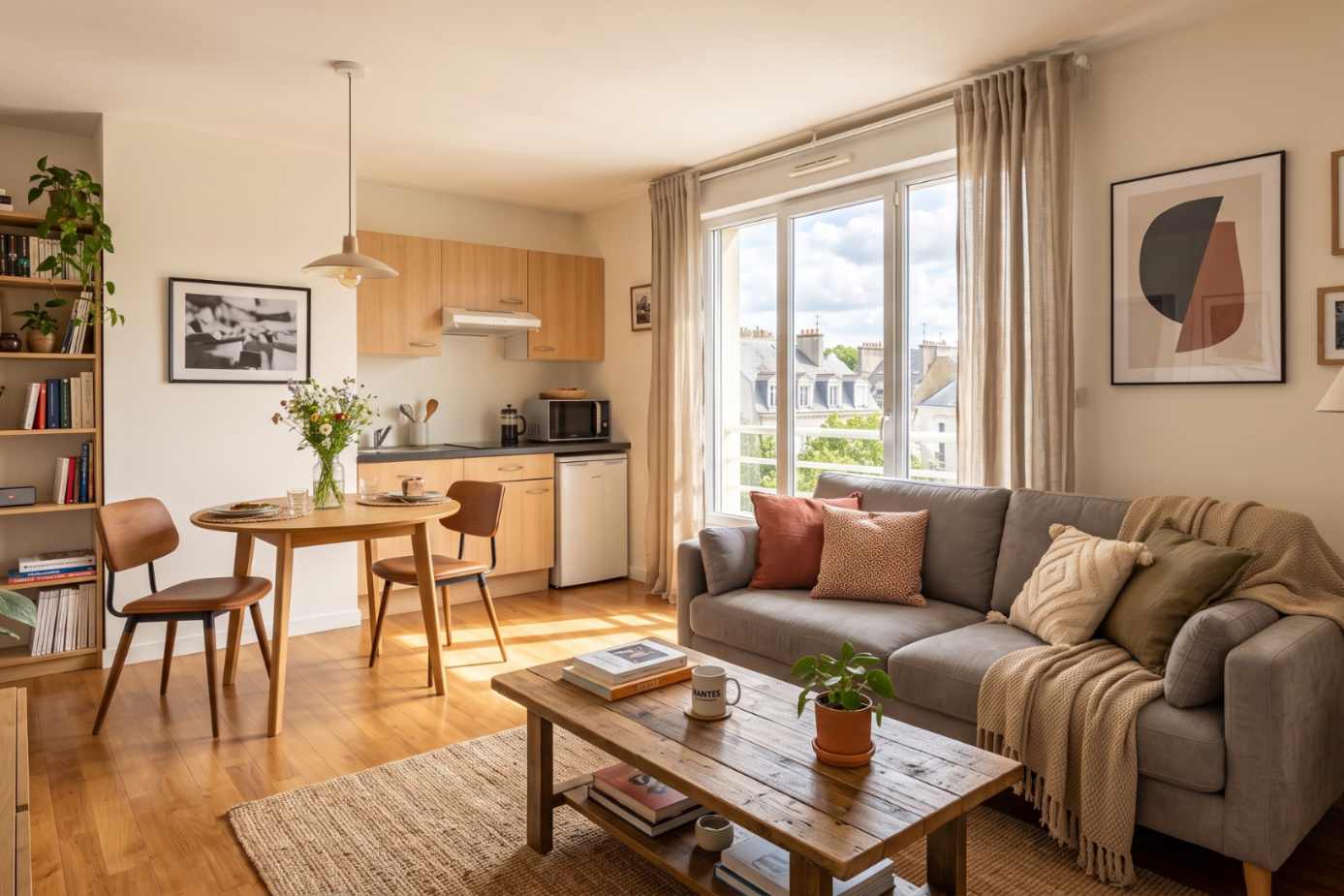 Espace de vie ouvert comprenant un salon avec canapé gris, une table à manger et une kitchenette équipée en bois clair