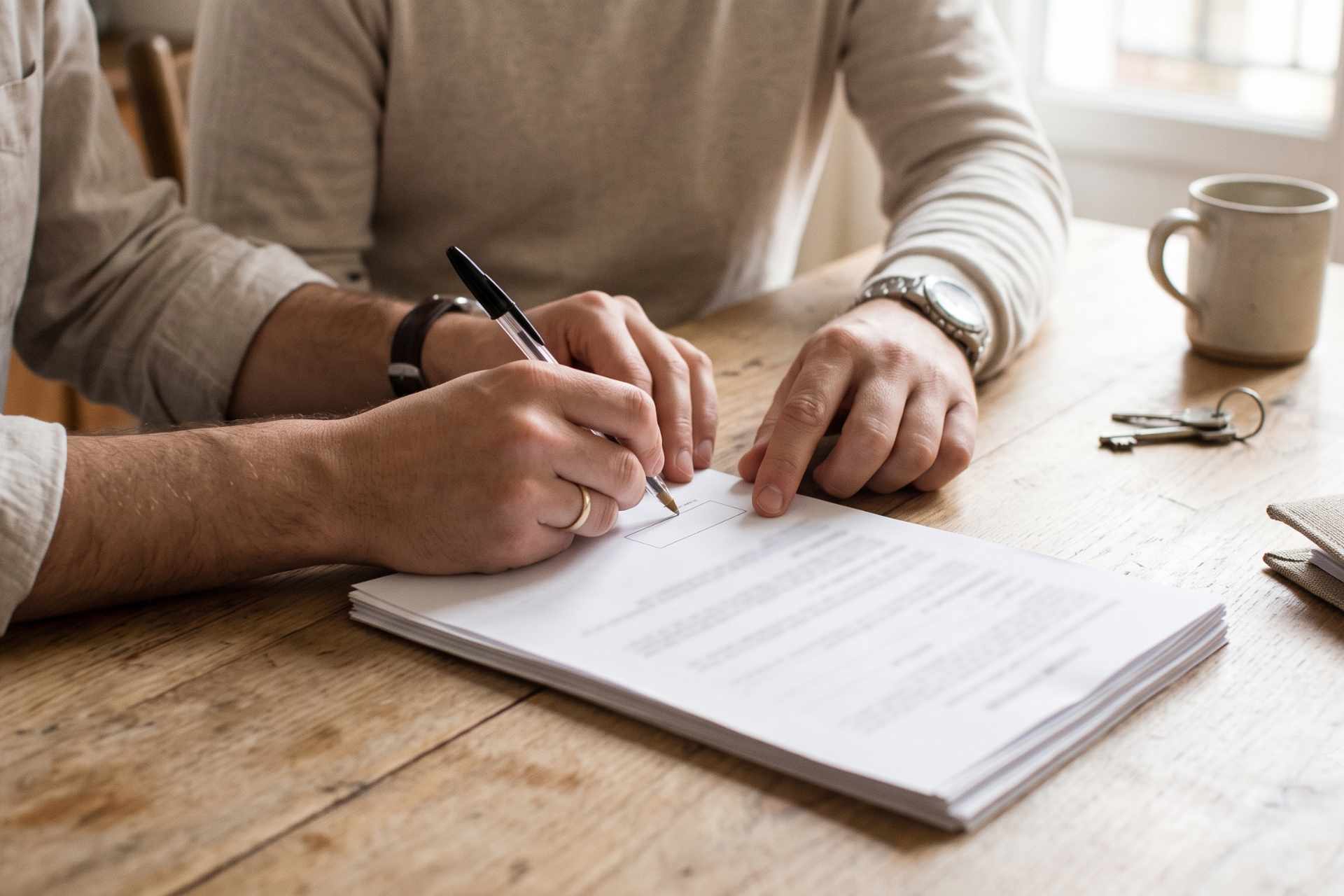 signature de contrat de vente immobiliere sur table en bois transaction nantes social conf 3x2