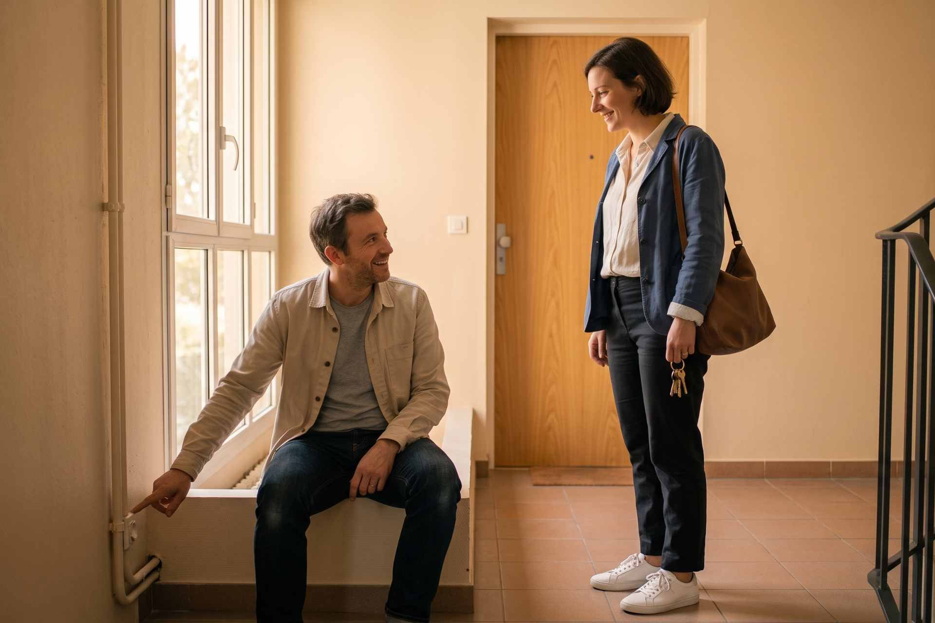 Agent immobilier présentant le chauffage d'un appartement à un potentiel acquéreur lors d'une visite